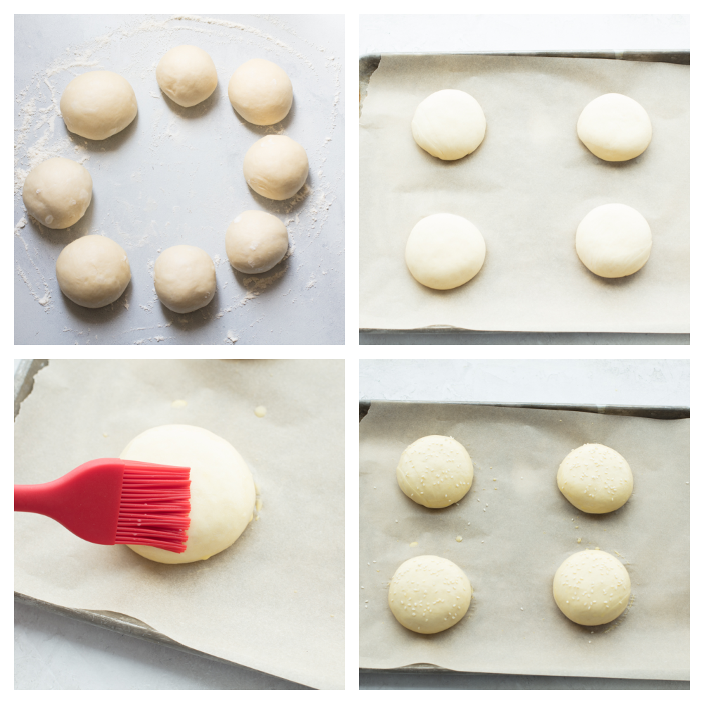 Forming the buns, covering them with egg wash and seeds. 