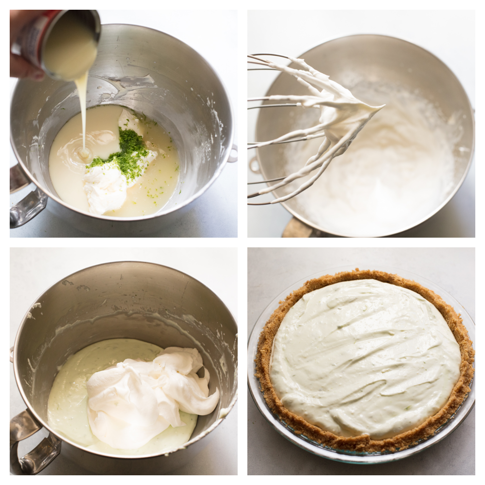 Mixing the sweet creamy filling and placing it in a graham cracker crust. 