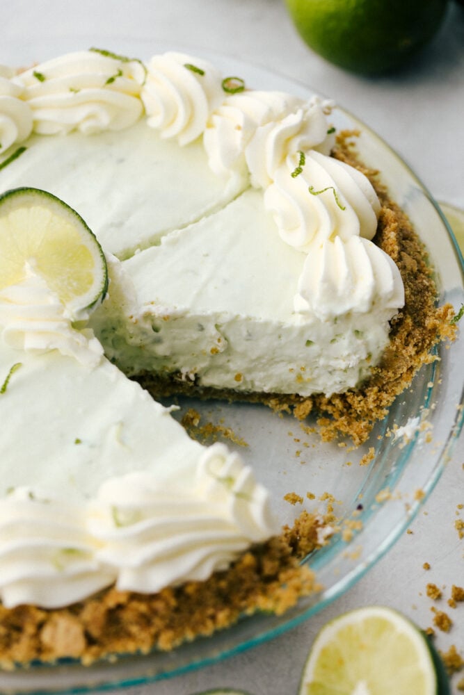 The no-bake key lime pie with a piece missing. 