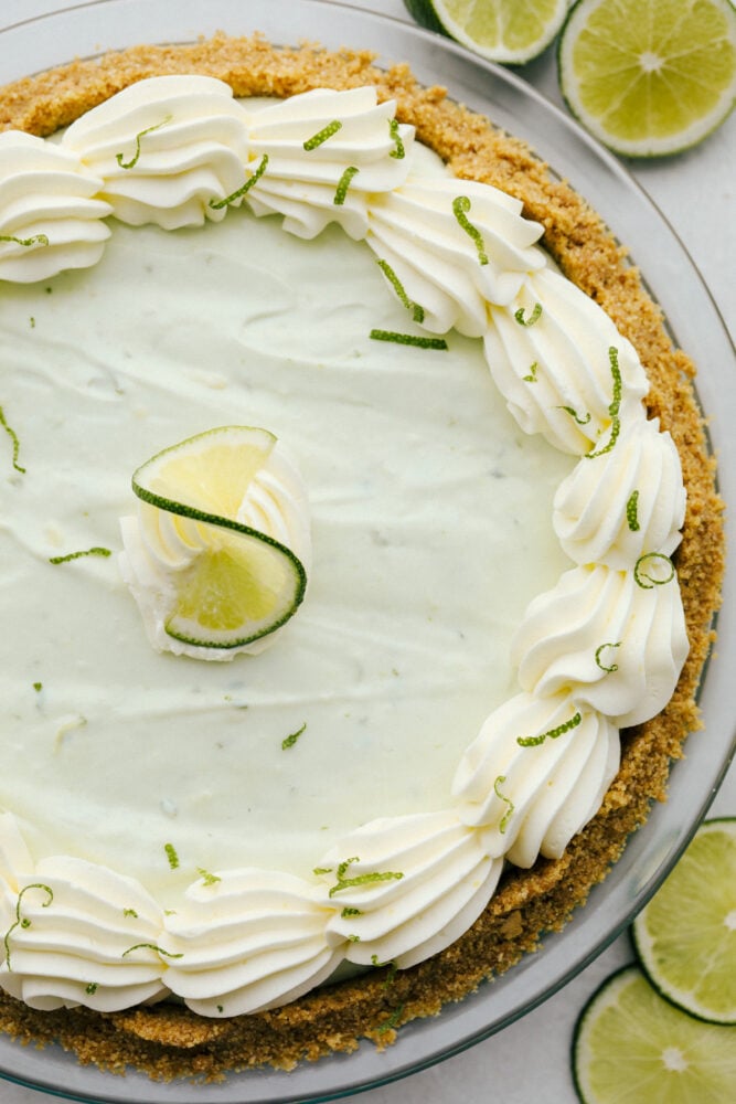 No-bake key lime pie with lime zest decorating the top. 