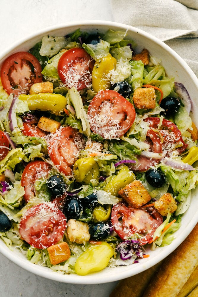 A big bowl of copycat Olive Garden salad. 