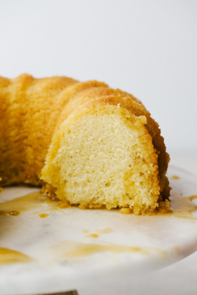 The rum cake with the drizzle all over it. 
