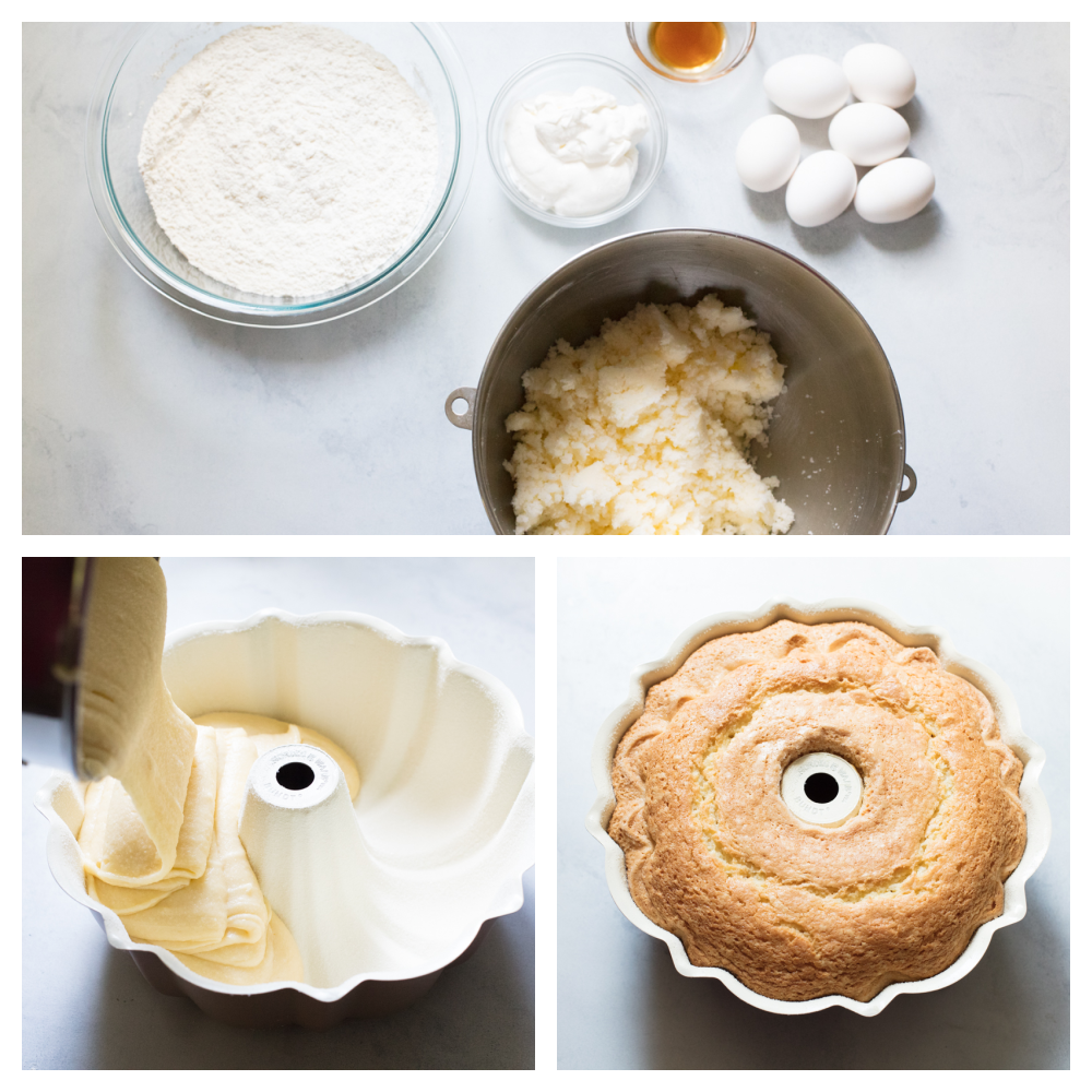 The ingredients needed, pouring the batter and a baked sour cream pound cake. 