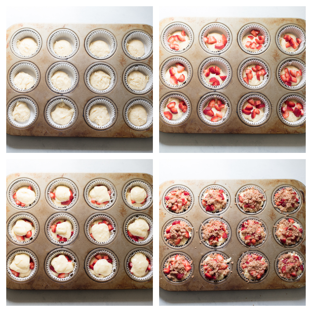 Four photos with the process of making Strawberry streusel muffins. 