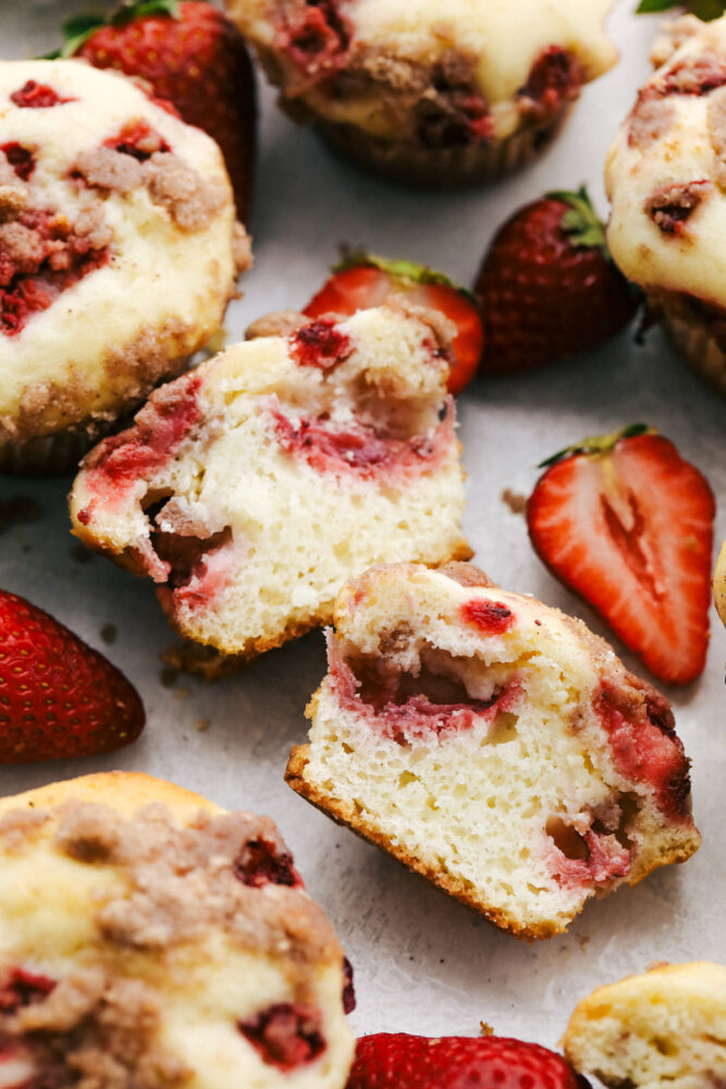 Strawberry streusel muffins cut in half. 