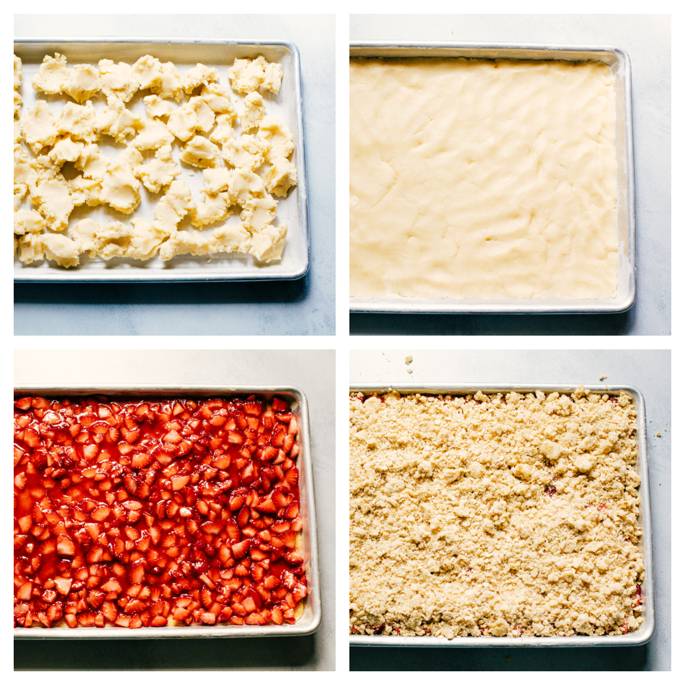 Four pictures of the process of making strawberry streusel bars. 