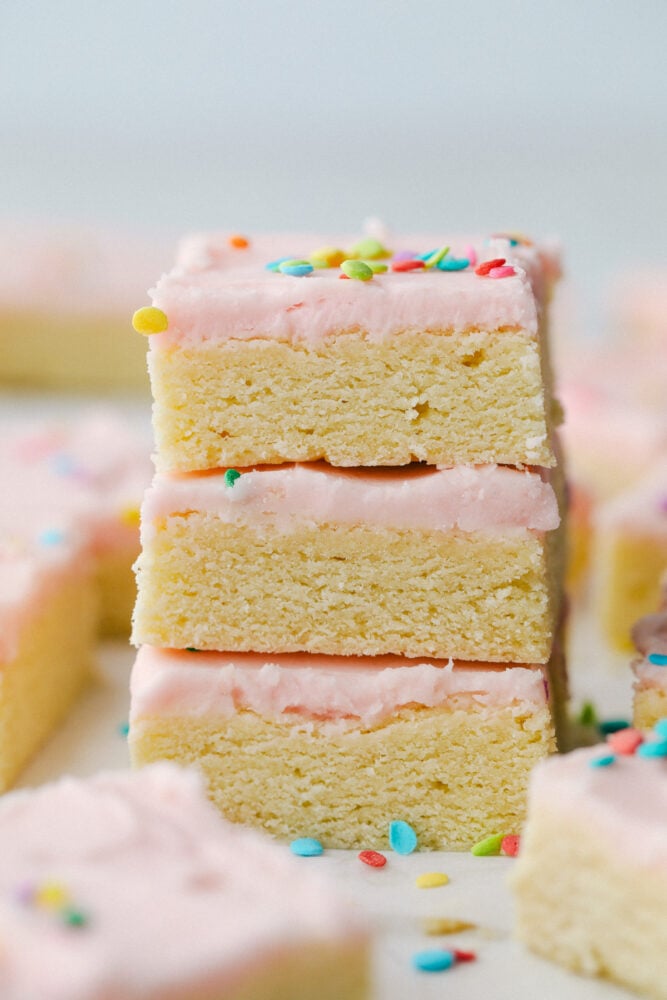 Three sugar cookie bars stacked on top of each other. 