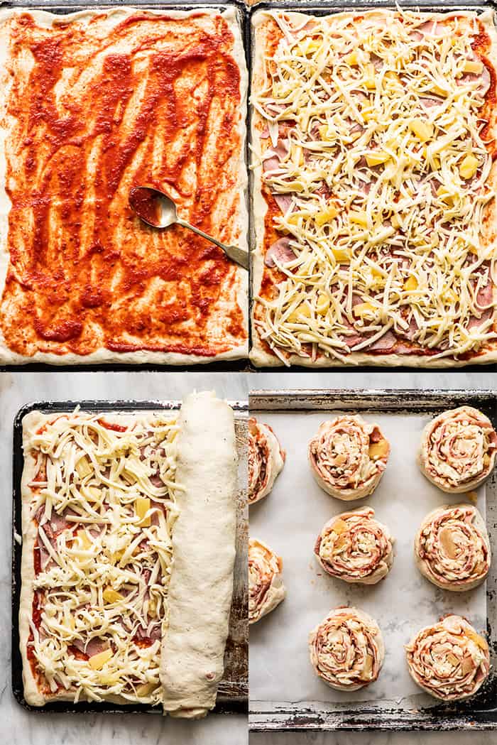 4 pictures showing how to make pizza pinwheels.