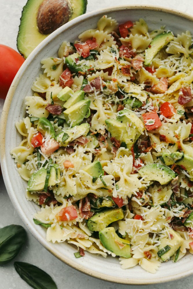 Avocado basil pasta in a bowl. 