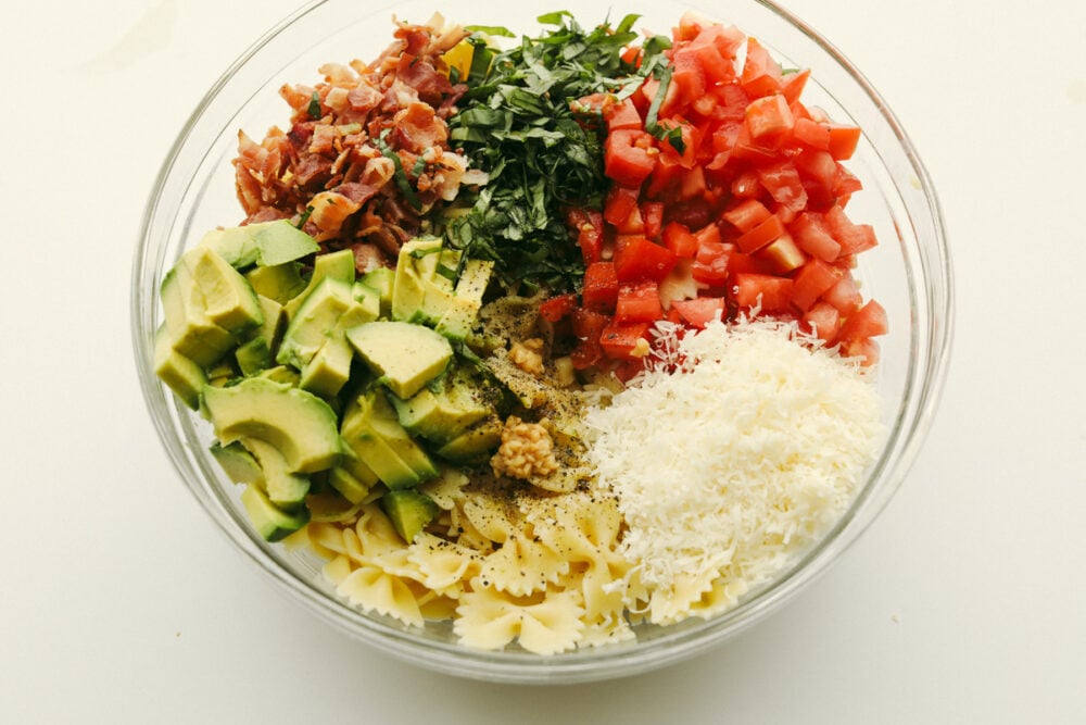 All Ingredients in a large glass bowl.