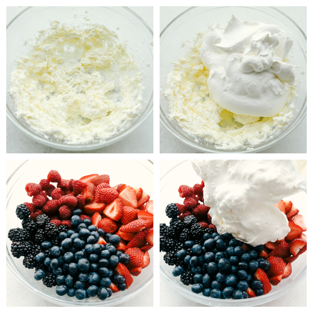 Cream cheese and whipped topping being mixed then adding it to the berries.