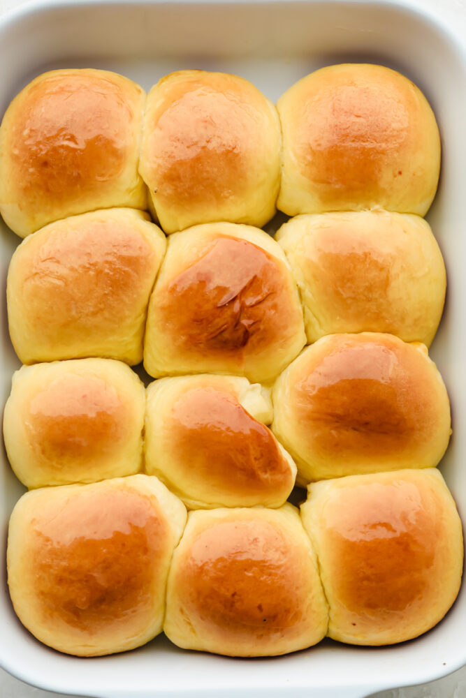 12 baked rolls in pan.