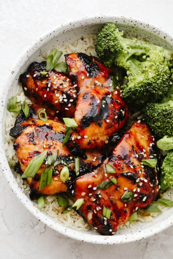 Honey Garlic Chicken in rice bowl with broccoli. 