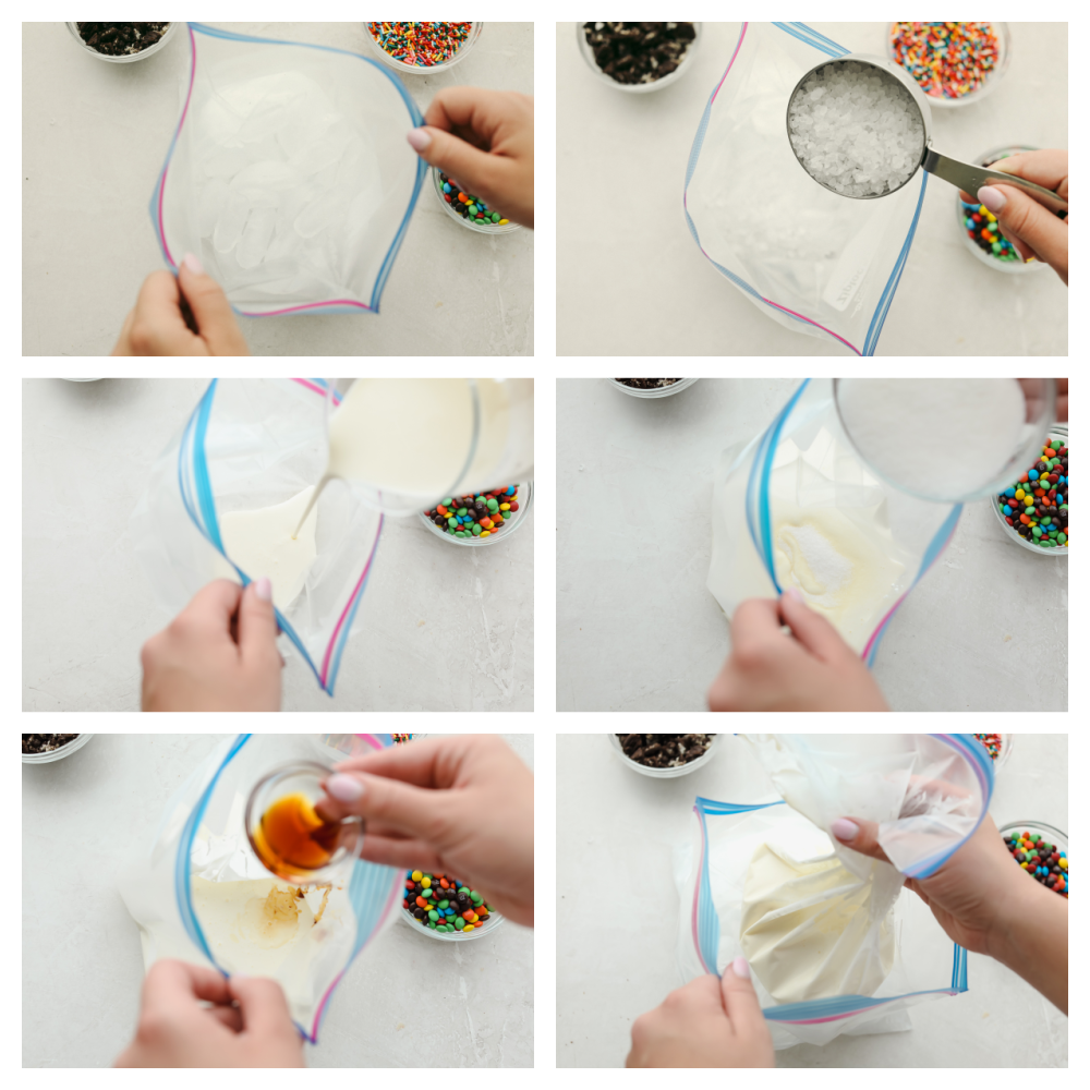 The steps to make the ice cream in a bag including ice, salt, milk and sugar. 