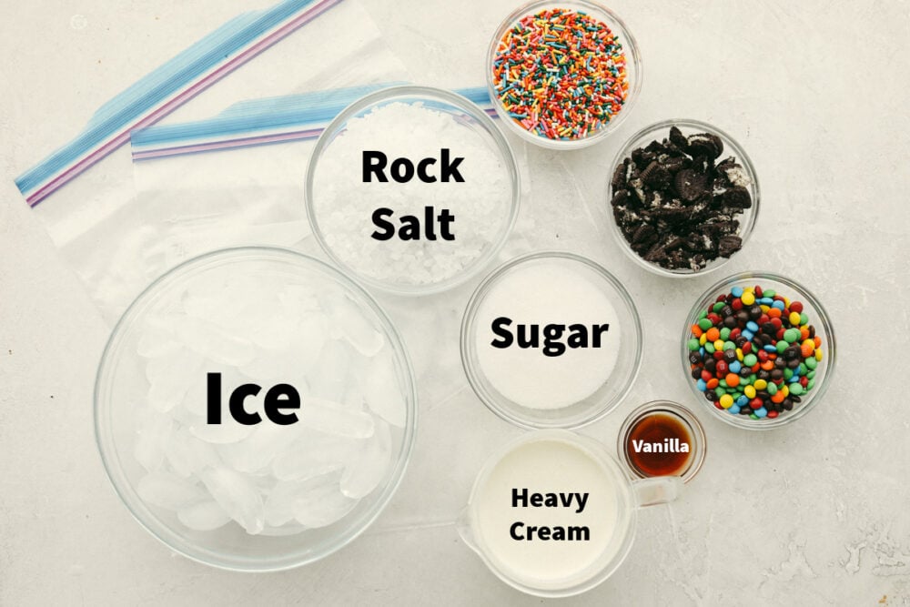 Ingredients and bags needed for making homemade ice cream in a bag. 