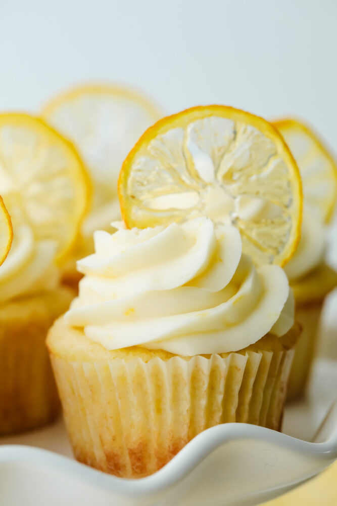 A lemon cupcake decorated with a dried candied lemon slice. 