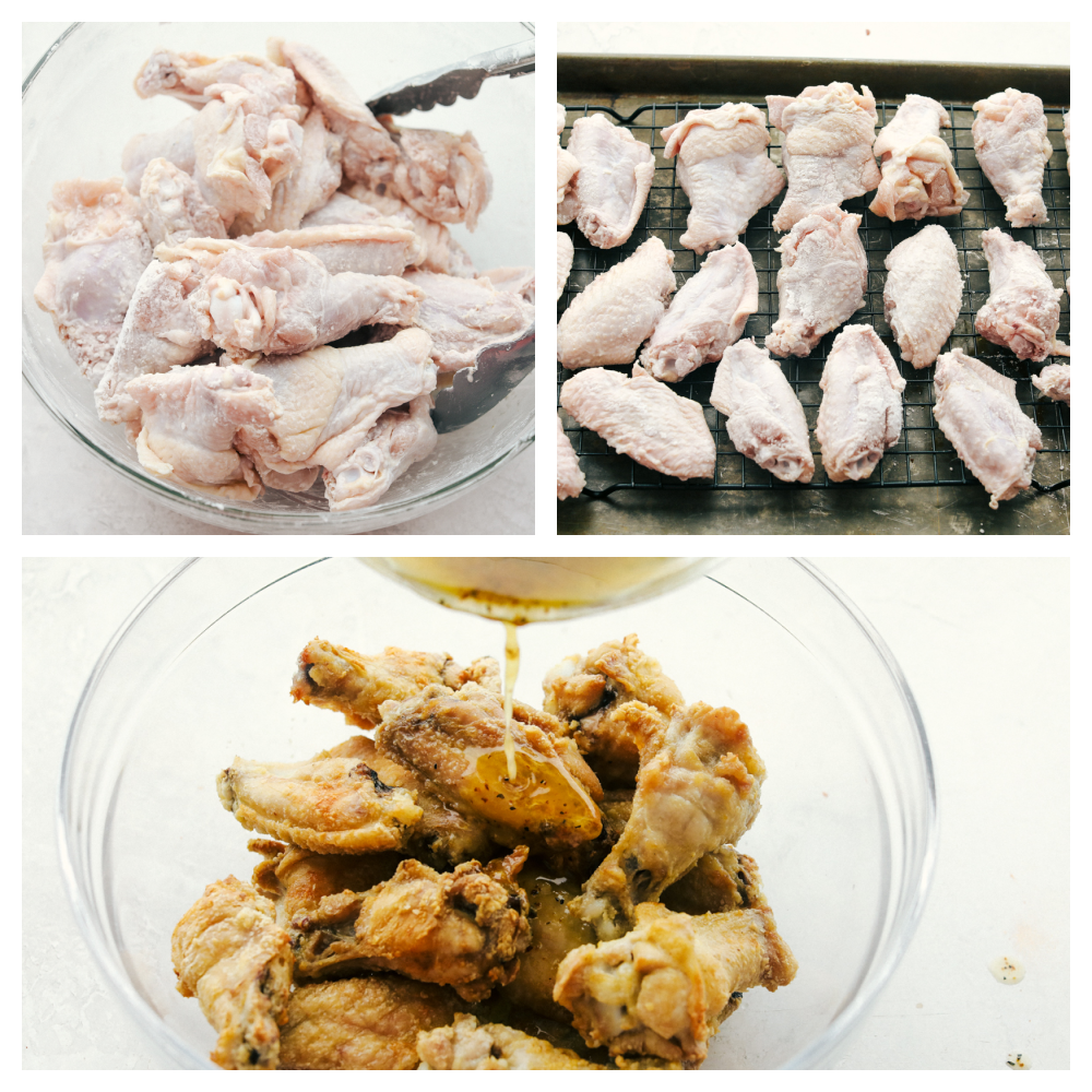 Chicken wings in a glass bowl tossed in sauce. 