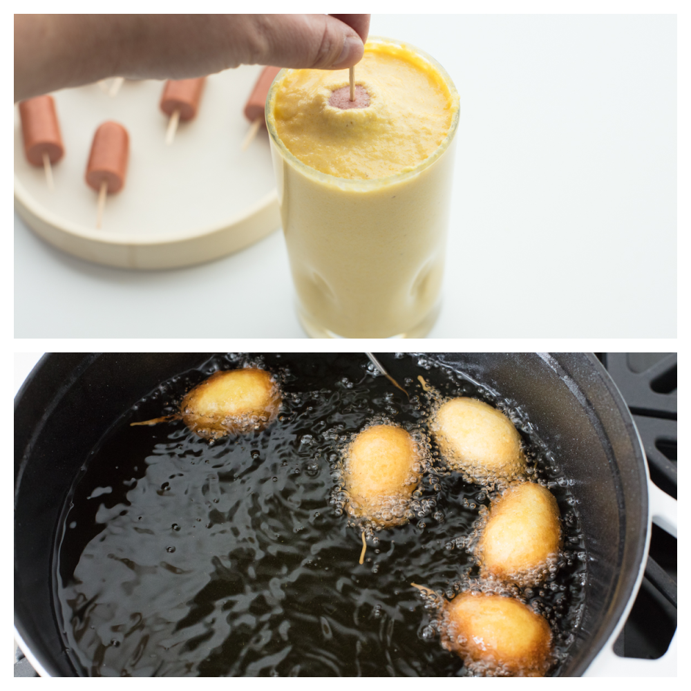 Dipping mini corn dogs in the batter and frying them in oil. 
