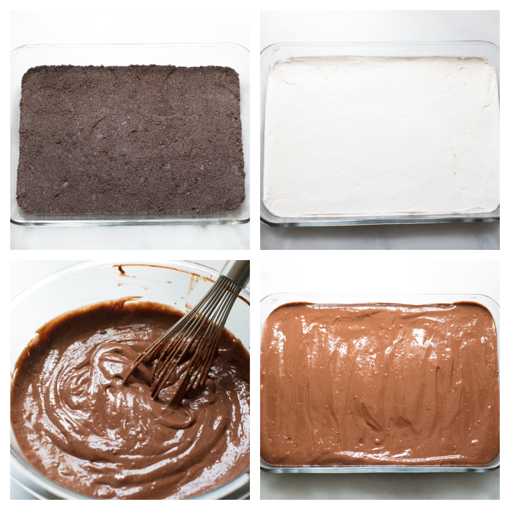 Oreo layer, cream cheese layer, chocolate pudding layer and putting it all together. 