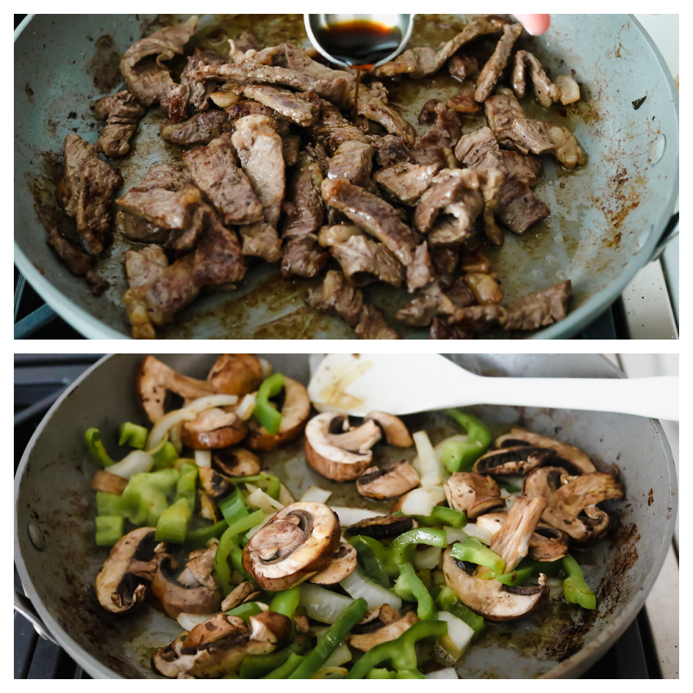 Meat and vegetables being stir-fried