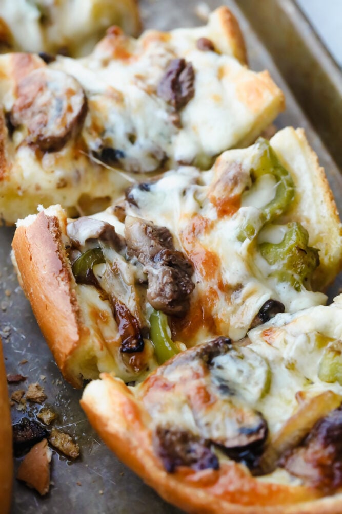 Philly Cheesesteak Cheesy Bread cut into pieces