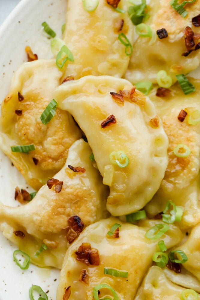 Up close picture of the boiled and pan fried pierogi. 