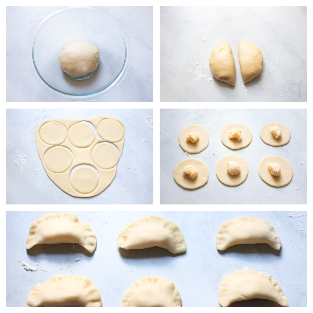 Assembling the dough and forming the pierogi.