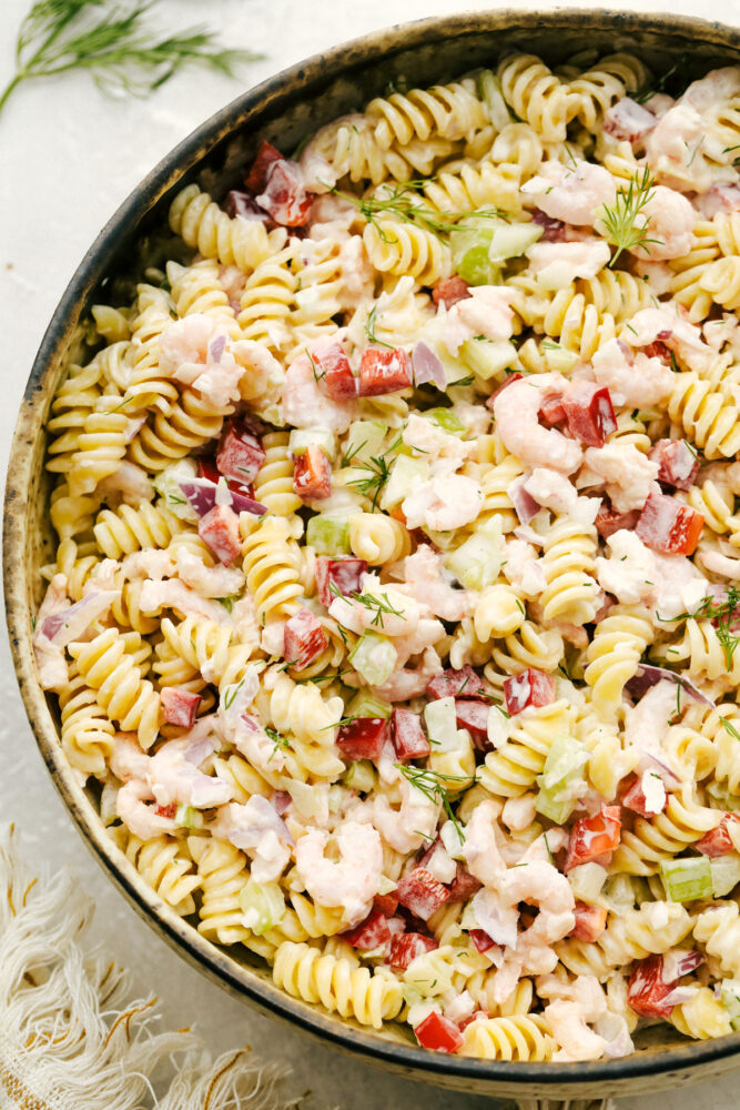 Shrimp pasta salad in serving bowl