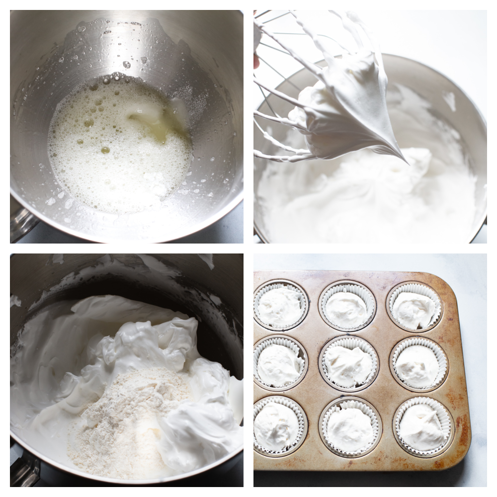 The process of making angel food cupcakes. 