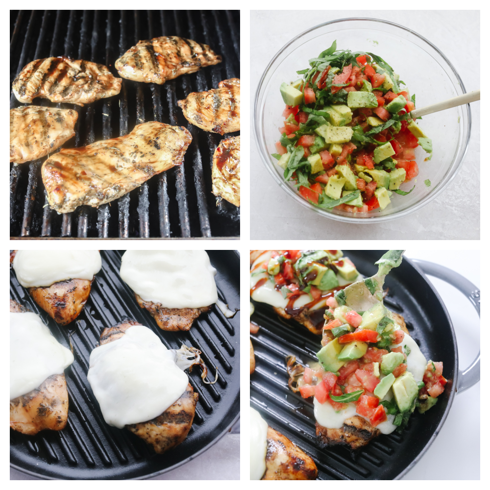 Grilling the chicken, topping it with cheese, making the avocado topping and placing at the chicken. 