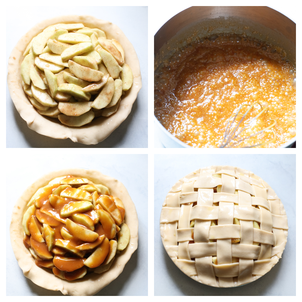 Apples piled in the pie crust, the caramel on the stove then drizzled over the apples and the finished latticed pie. 