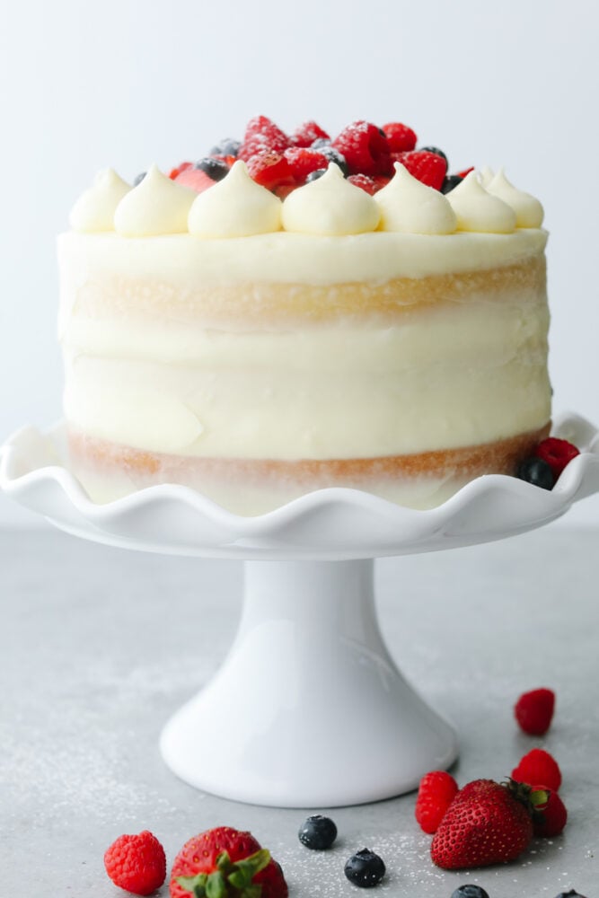 A frosted Chantilly Berry Cake.