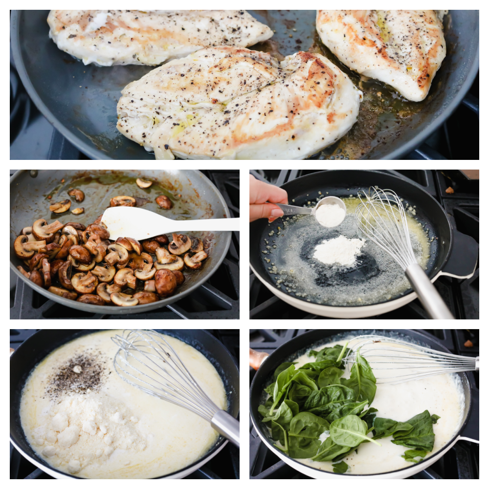 Fry the chicken and mushrooms, make the sauce and add the spinach. 