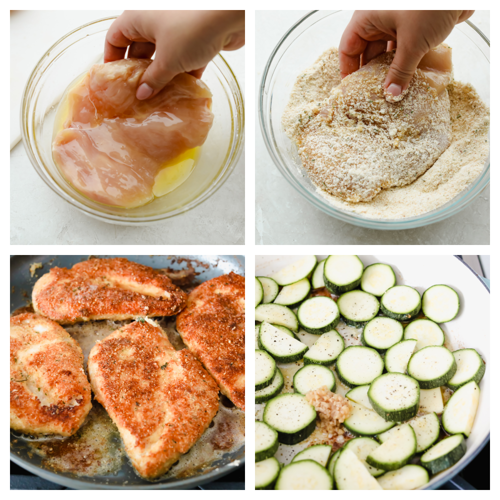 The process of making chicken and zucchini in a skillet. 