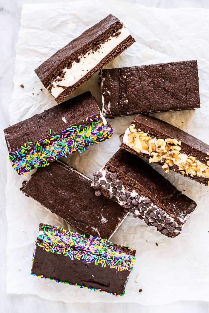 Homemade ice cream sandwiches with sprinkles and chocolate chips.