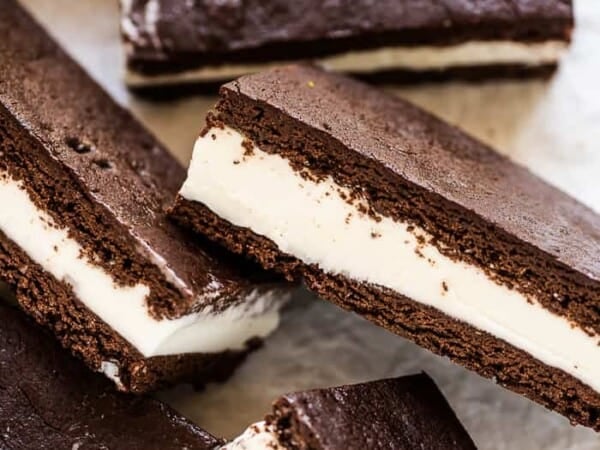 homemade ice cream sandwich bars on a serving plate.