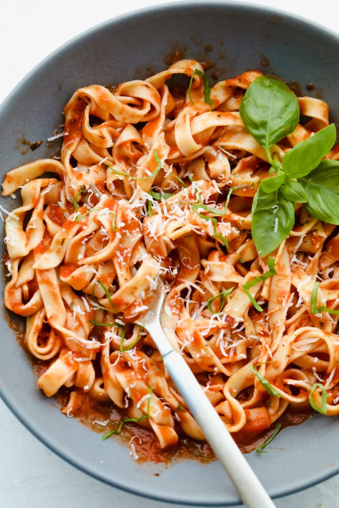 Homemade pasta tossed with marinara sauce. 