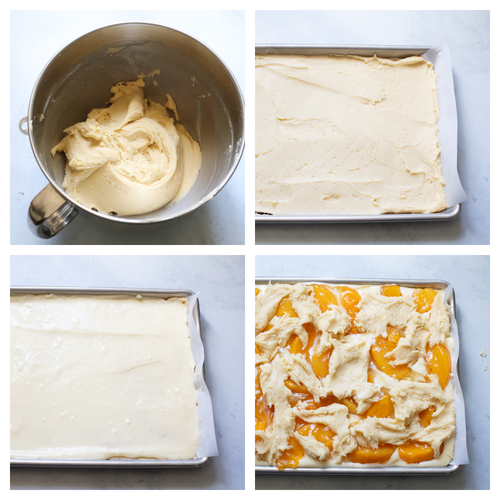 The process of making peach pie bars. 
