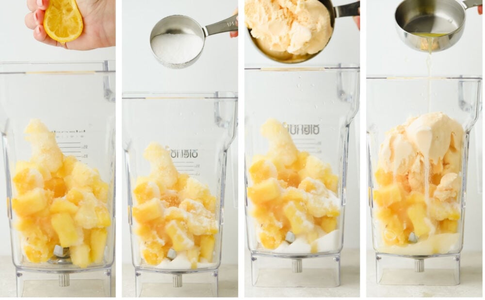 Adding lemon juice, sugar, ice cream and pineapple juice to blend up. 