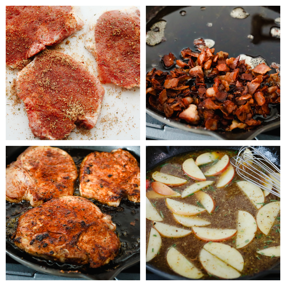 Pork chops with spice rub, cooking bacon, the chops and apples. 