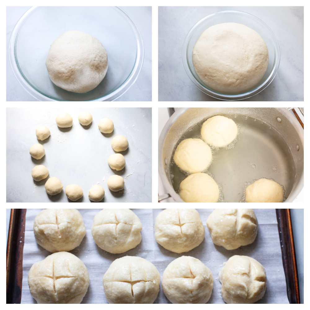 The process of making pretzel rolls, step by step. 