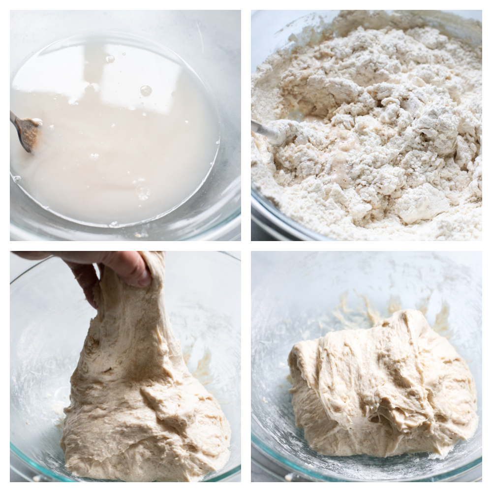 Mixing the starter with flour, and stretching and folding. 