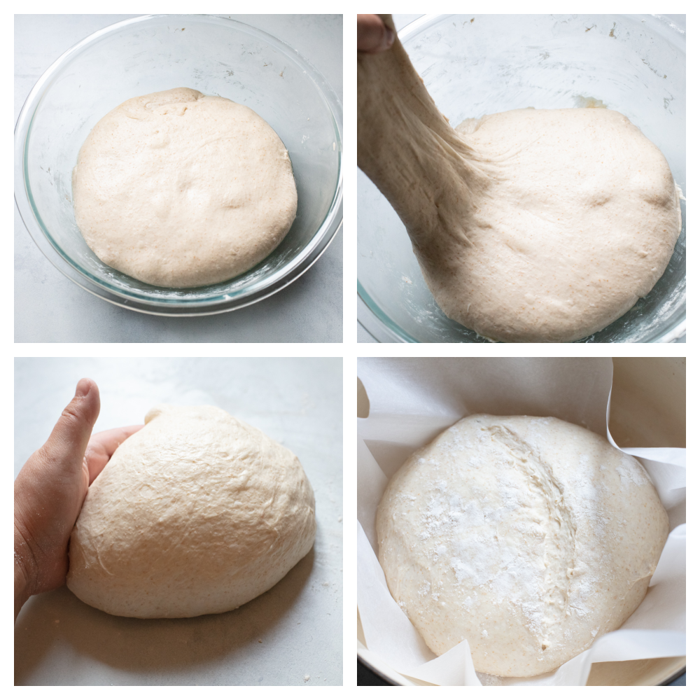 Letting the dough rest, stretching, forming and prepping the loaf for baking. 