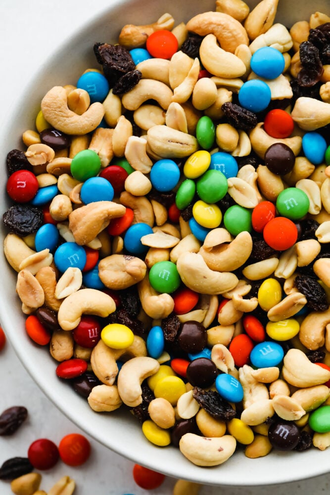 Classic trail mix with cashews, M&Ms peanuts and raisins. 