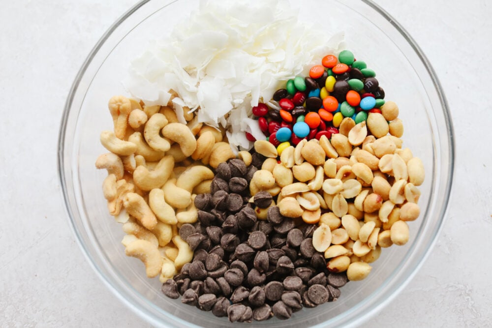 Ingredients for chocolate coconut trail mix.
