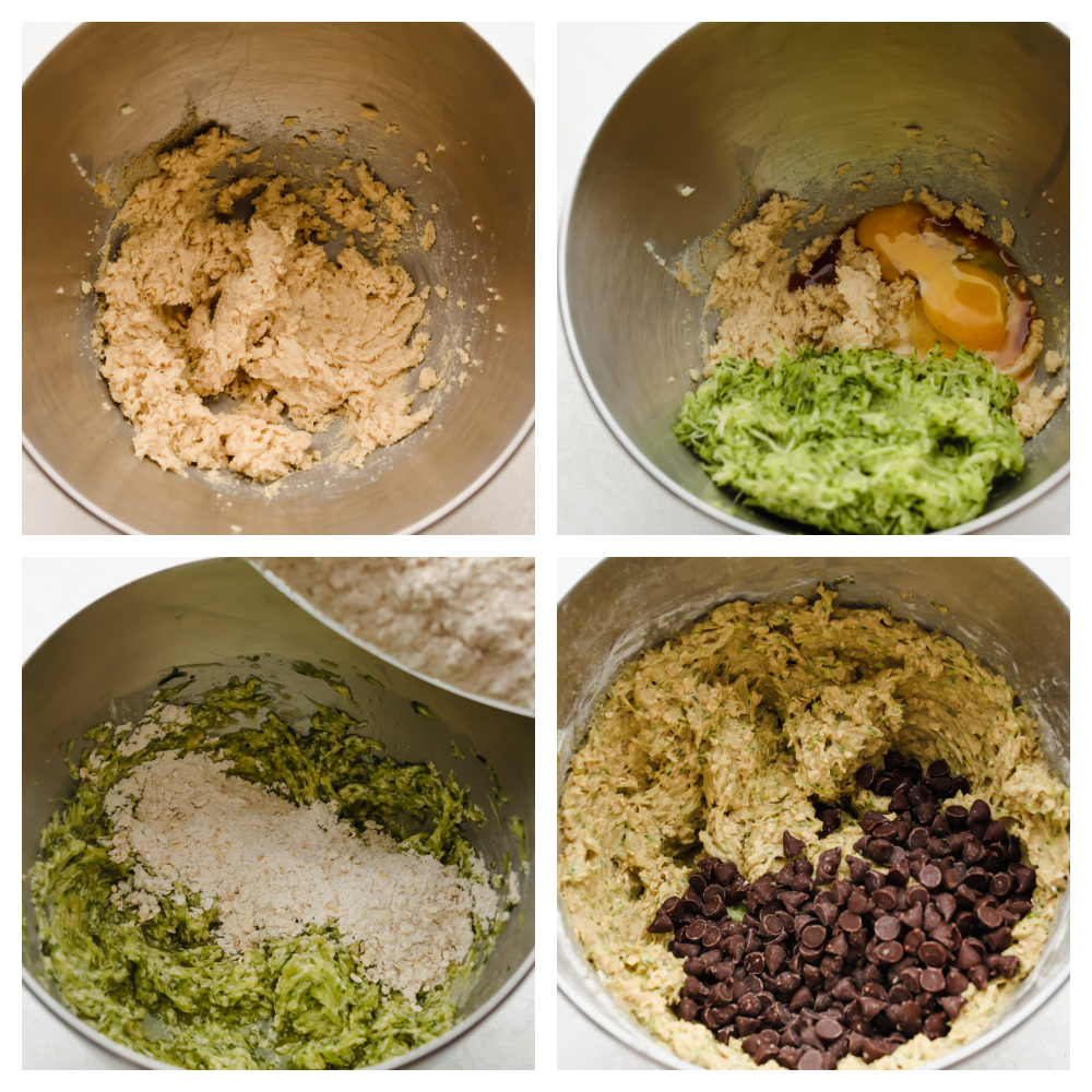 4 photos of the baking process of adding and mixing the ingredients together. 