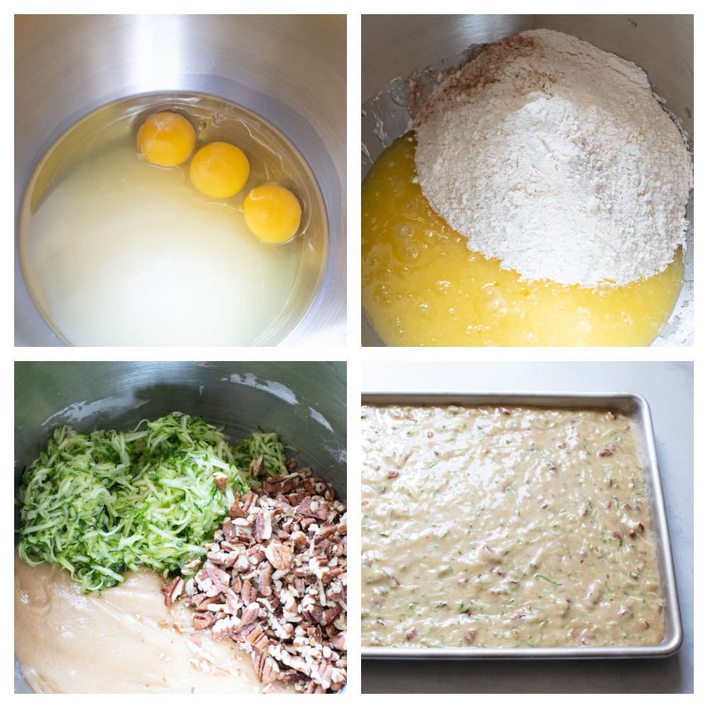 The process of making zucchini bars. 