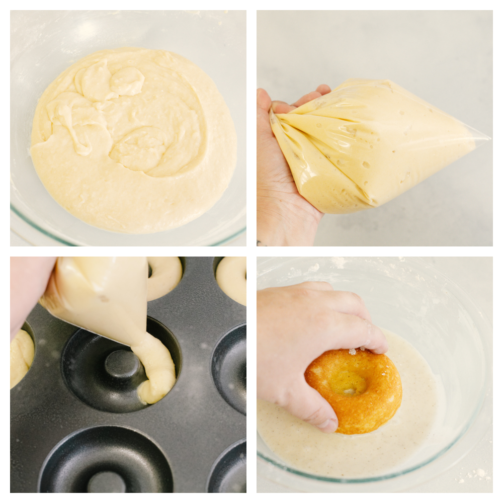 Four photos of the process of making cake donuts.