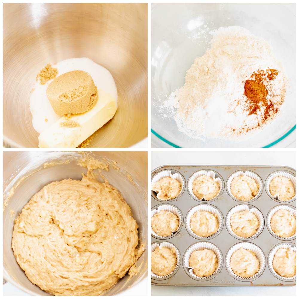 4 pictures showing the steps to making banana cupcakes. 