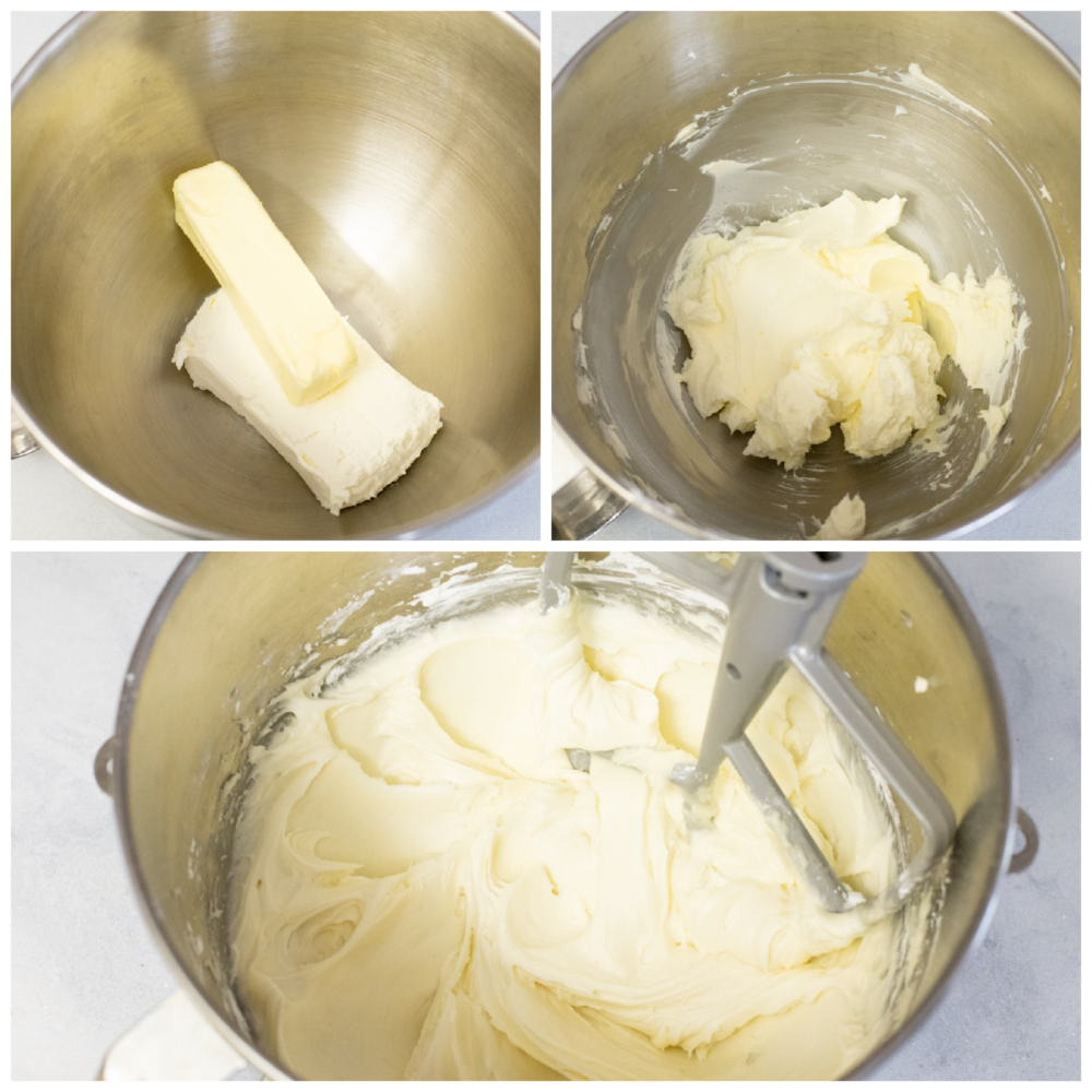 3 images showing how to mix frosting. 